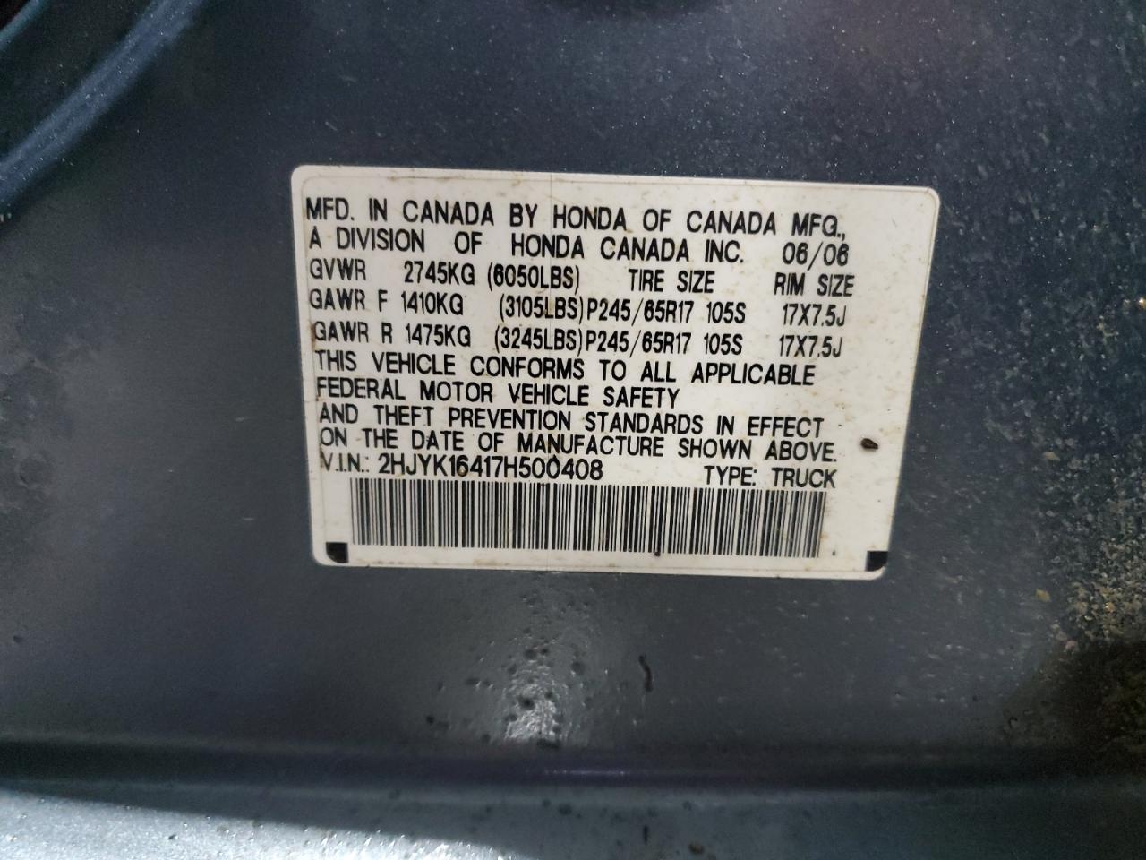 2007 Honda Ridgeline Rts VIN: 2HJYK16417H500408 Lot: 83020894