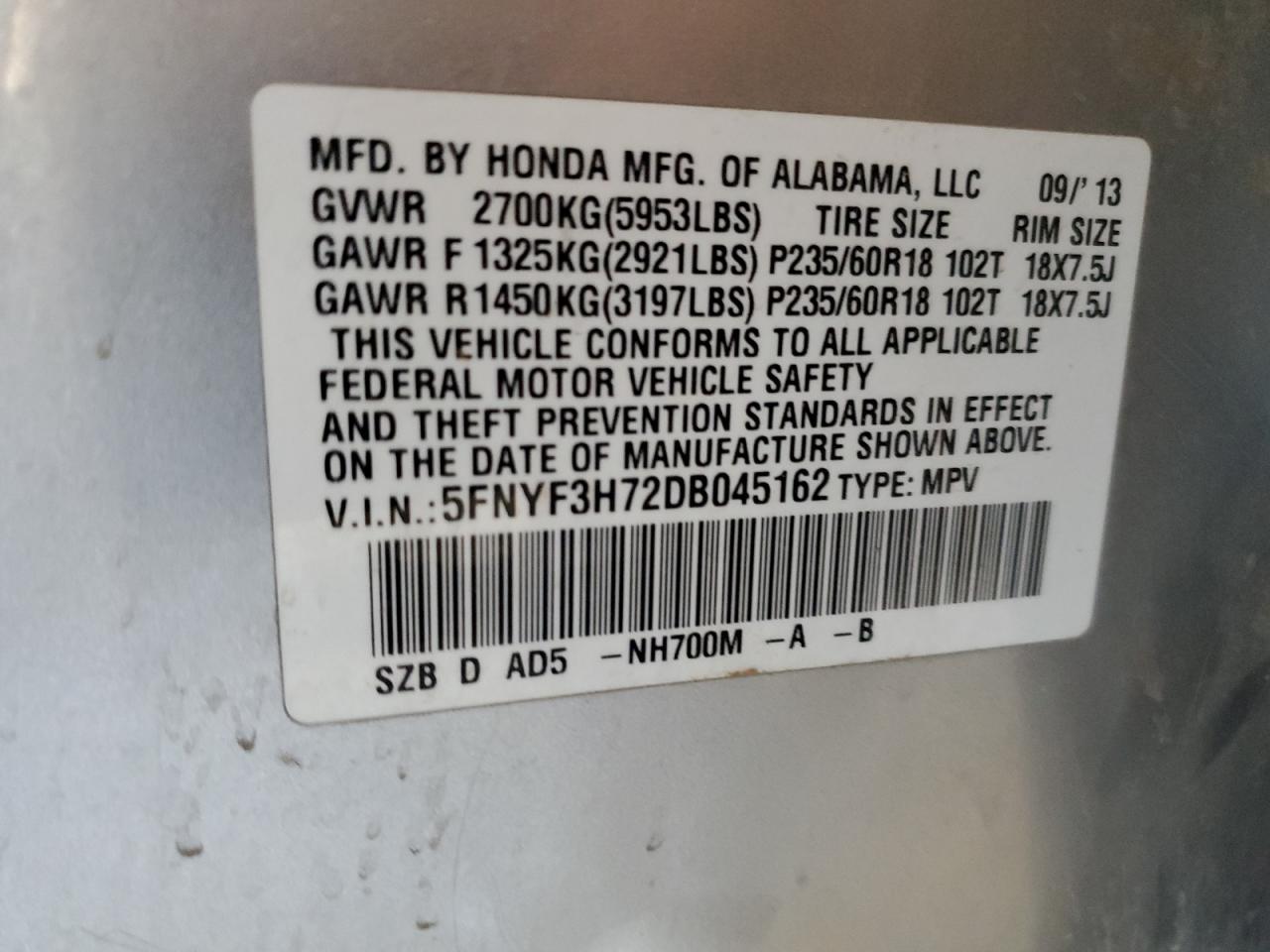 2013 Honda Pilot Exln VIN: 5FNYF3H72DB045162 Lot: 86403724