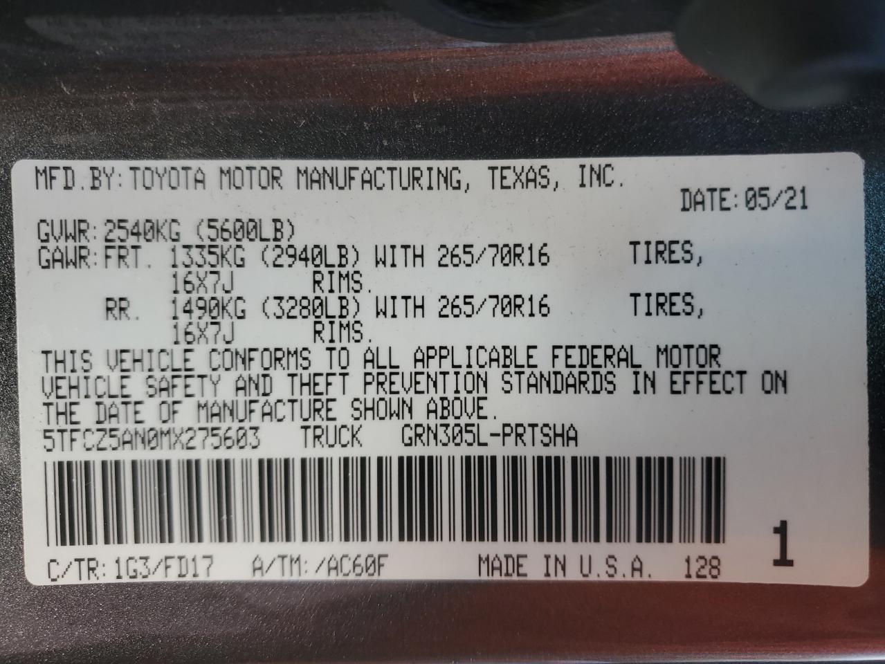 VIN 5TFCZ5AN0MX275603 2021 TOYOTA TACOMA no.12