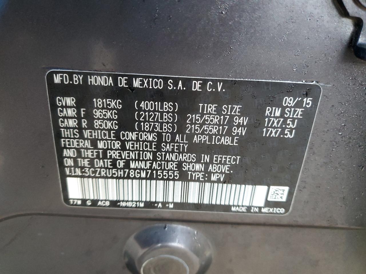 2016 Honda Hr-V Exl VIN: 3CZRU5H78GM715555 Lot: 84940484