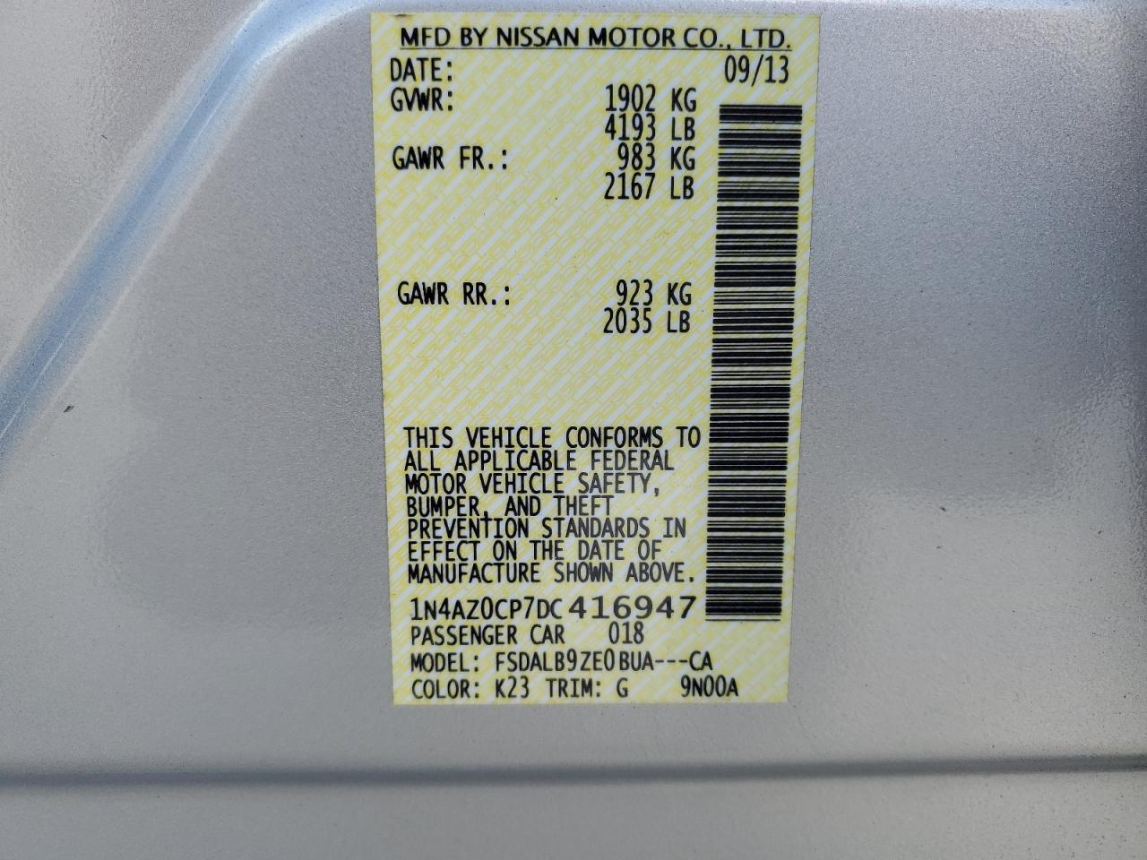 VIN 1N4AZ0CP7DC416947 2013 NISSAN LEAF no.13