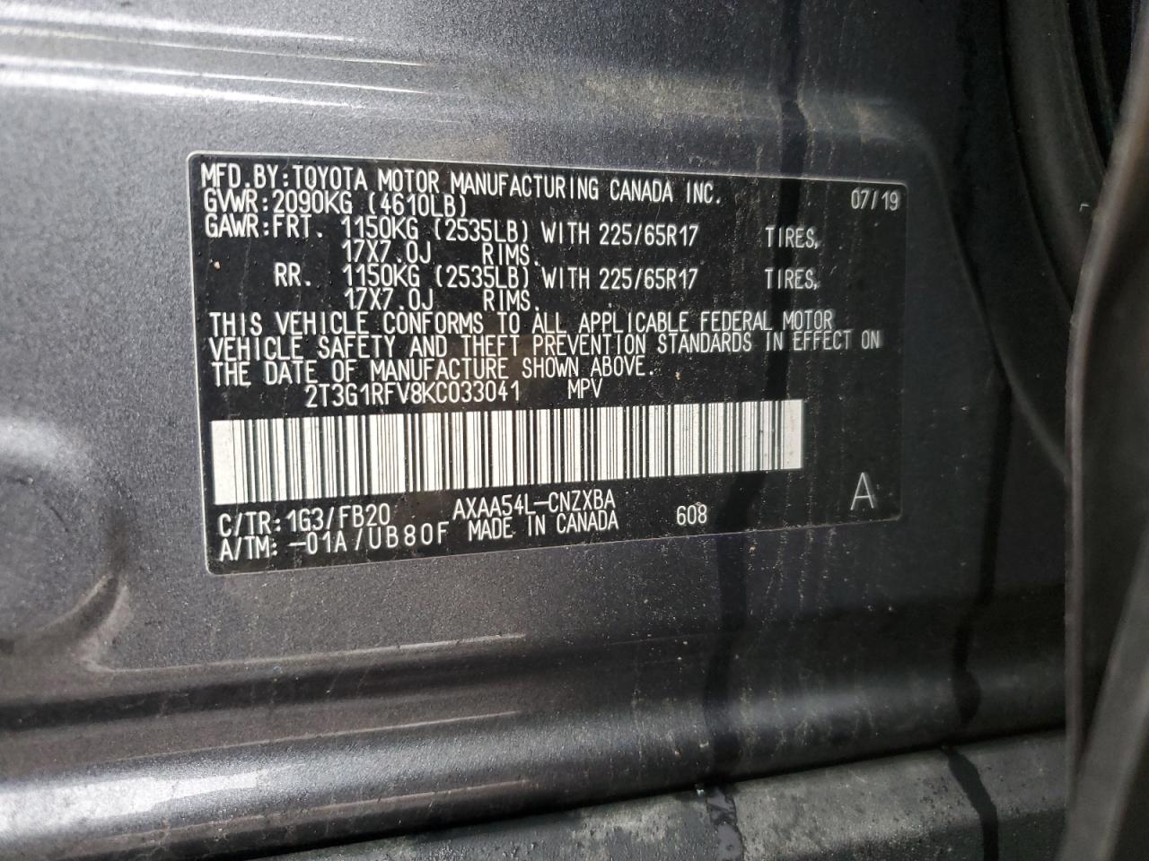 VIN 2T3G1RFV8KC033041 2019 TOYOTA RAV4 no.14