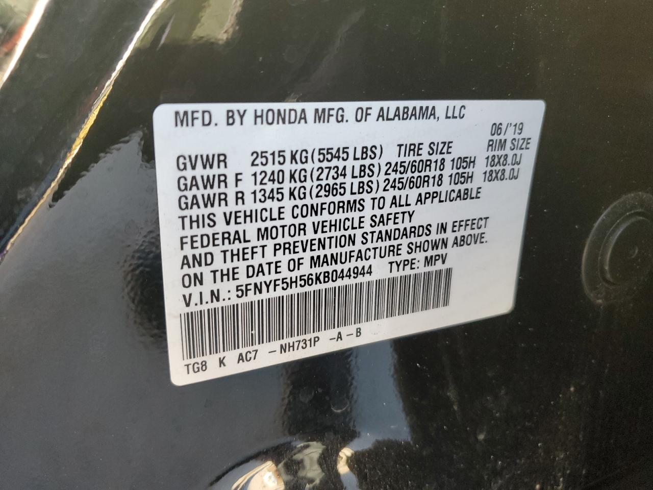 VIN 5FNYF5H56KB044944 2019 HONDA PILOT no.14