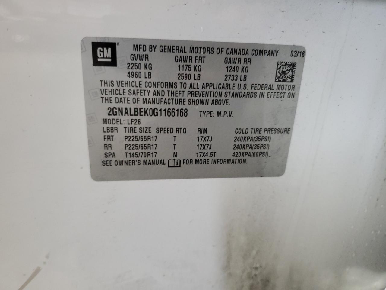 2GNALBEK0G1166168 CHEVROLET EQUINOX 2016