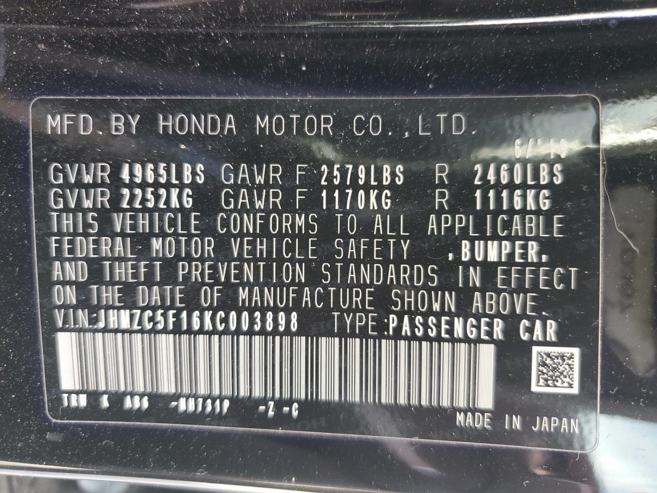 2019 Honda Clarity VIN: JHMZC5F16KC003898 Lot: 83062214