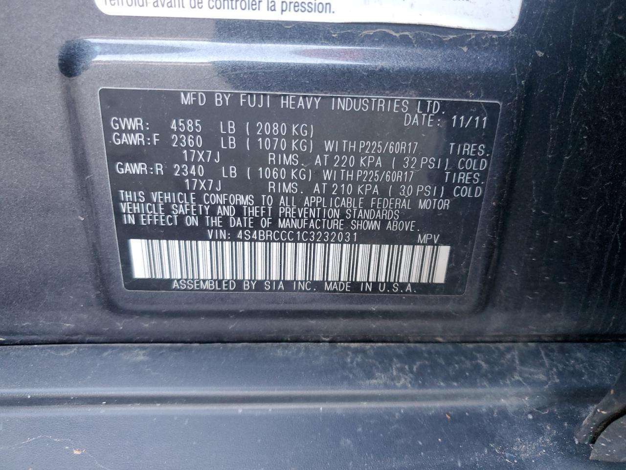 2012 Subaru Outback 2.5I Premium VIN: 4S4BRCCC1C3232031 Lot: 85205384