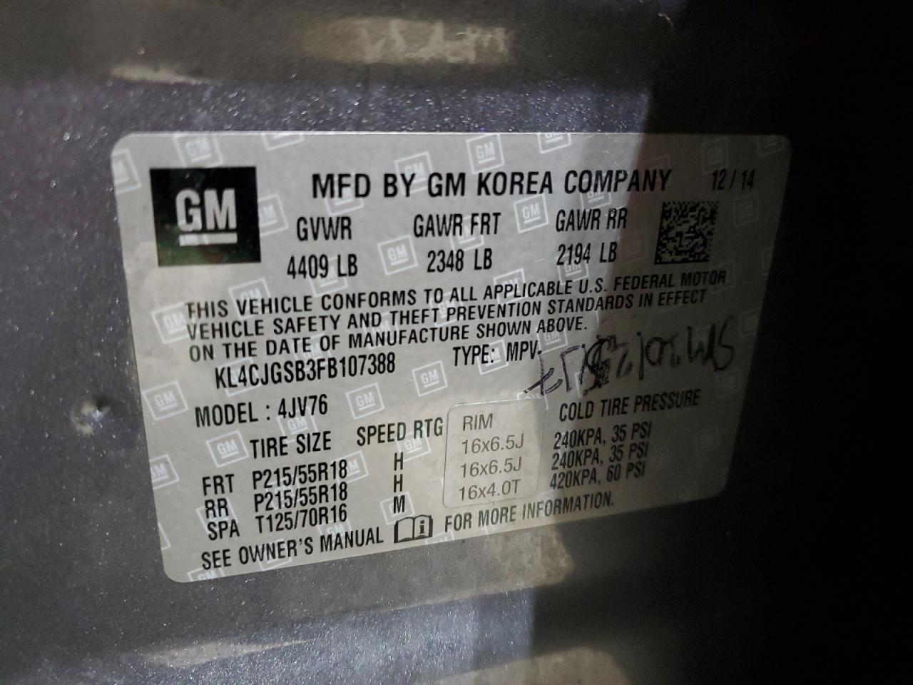 2015 BUICK ENCORE with MECHANICAL damage, VIN KL4CJGSB3FB107388