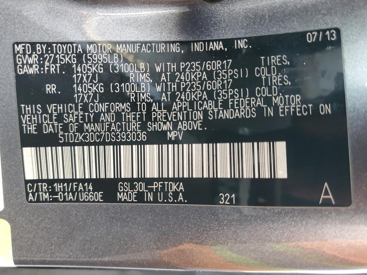 VIN 5TDZK3DC7DS393036 2013 TOYOTA All Models no.13