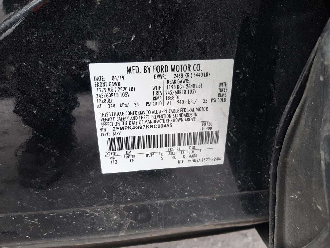 2019 Ford Edge Se VIN: 2FMPK4G97KBC00455 Lot: 82985364