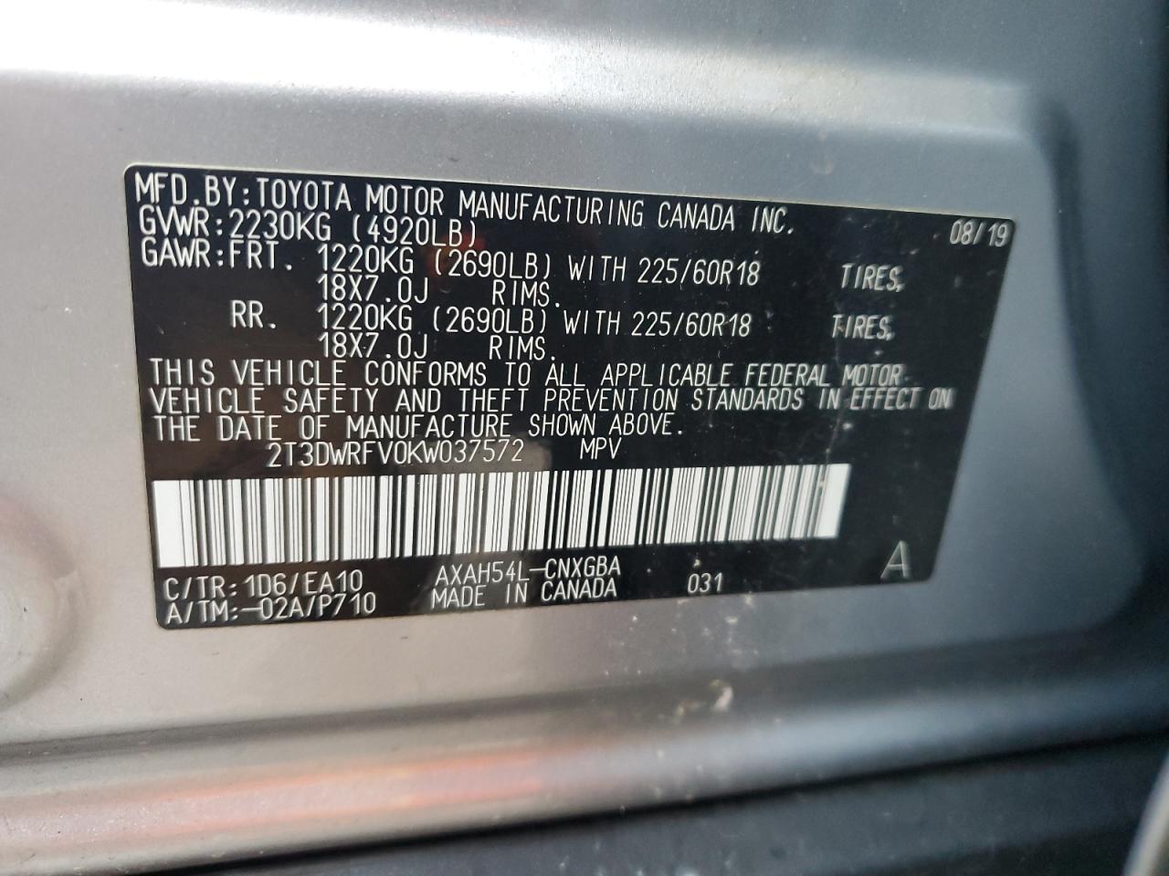 VIN 2T3DWRFV0KW037572 2019 TOYOTA RAV4 no.13