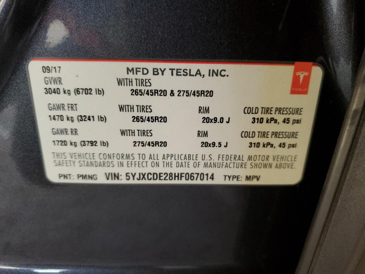 VIN 5YJXCDE28HF067014 2017 TESLA MODEL X no.13