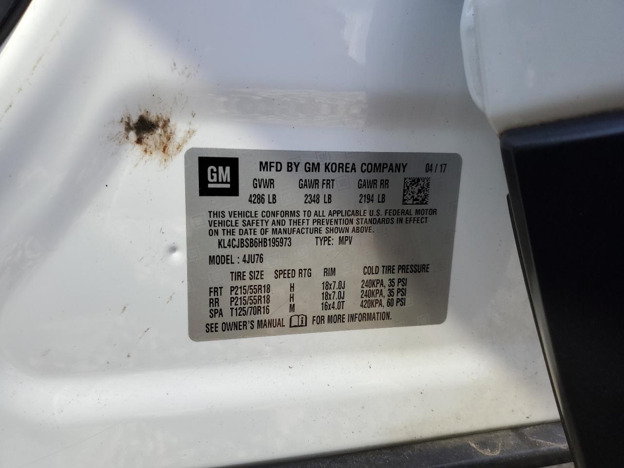 2017 Buick Encore Preferred Ii VIN: KL4CJBSB6HB195973 Lot: 83092534