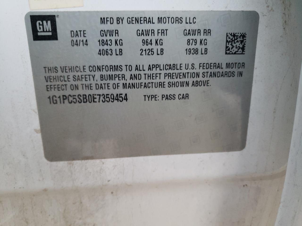 2014 Chevrolet Cruze Lt VIN: 1G1PC5SB0E7359454 Lot: 85927884