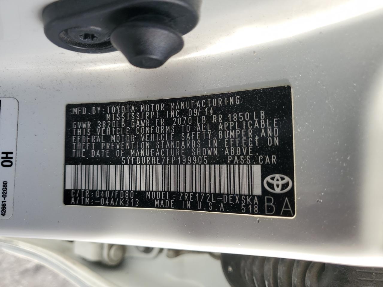 2015 Toyota Corolla L VIN: 5YFBURHE7FP199905 Lot: 84066544