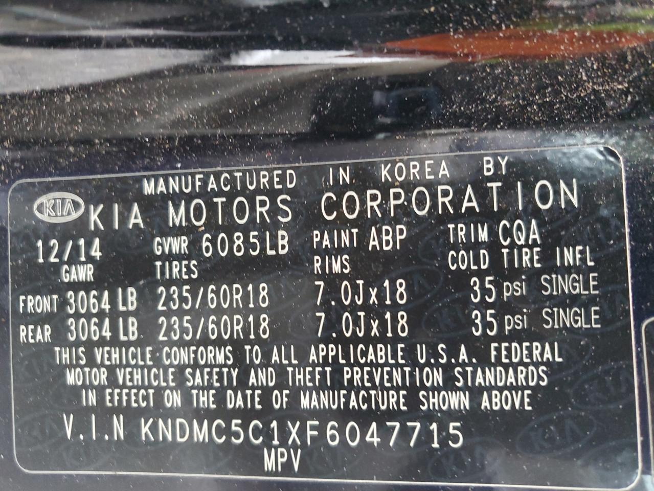 VIN KNDMC5C1XF6047715 2015 KIA All Models no.13