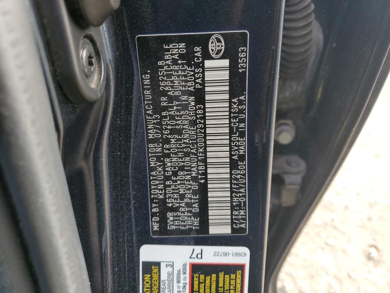 2013 Toyota Camry L VIN: 4T1BF1FK0DU292183 Lot: 84551084
