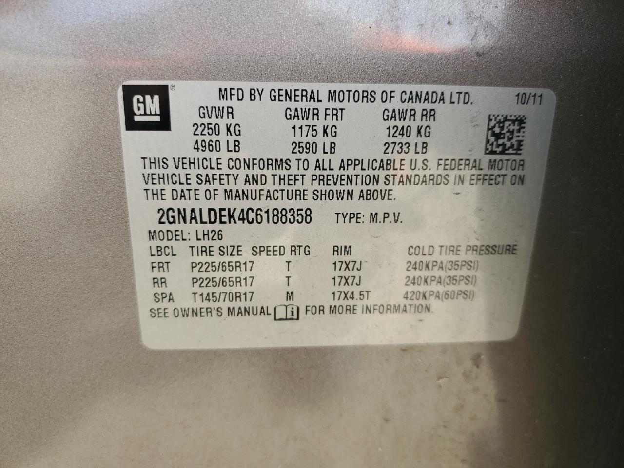 2012 Chevrolet Equinox Lt VIN: 2GNALDEK4C6188358 Lot: 85252374