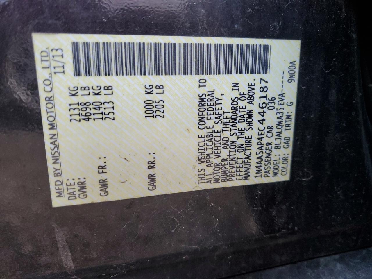 2014 Nissan Maxima S VIN: 1N4AA5AP4EC446187 Lot: 82527114