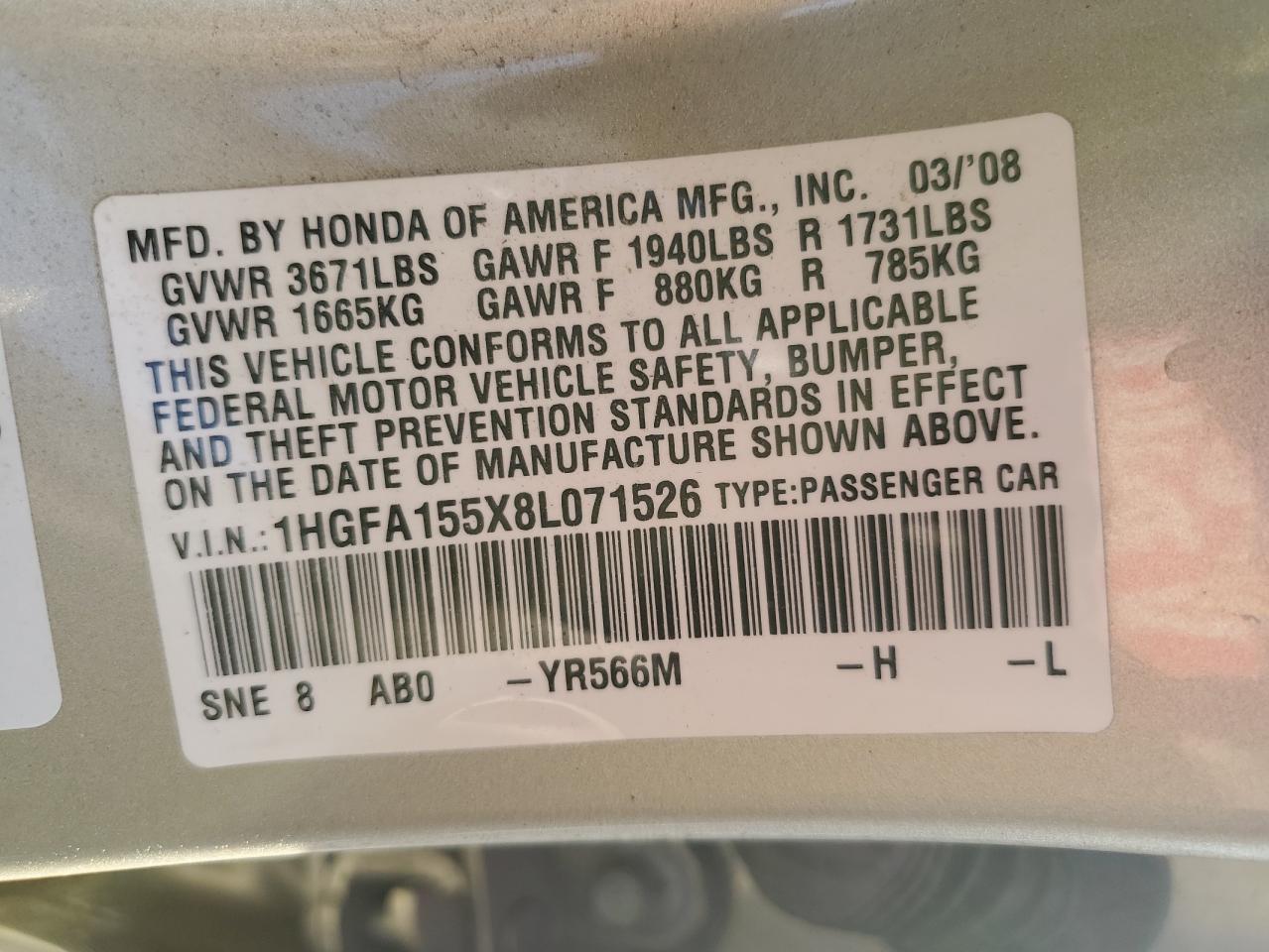 2008 Honda Civic Lx VIN: 1HGFA155X8L071526 Lot: 84570684