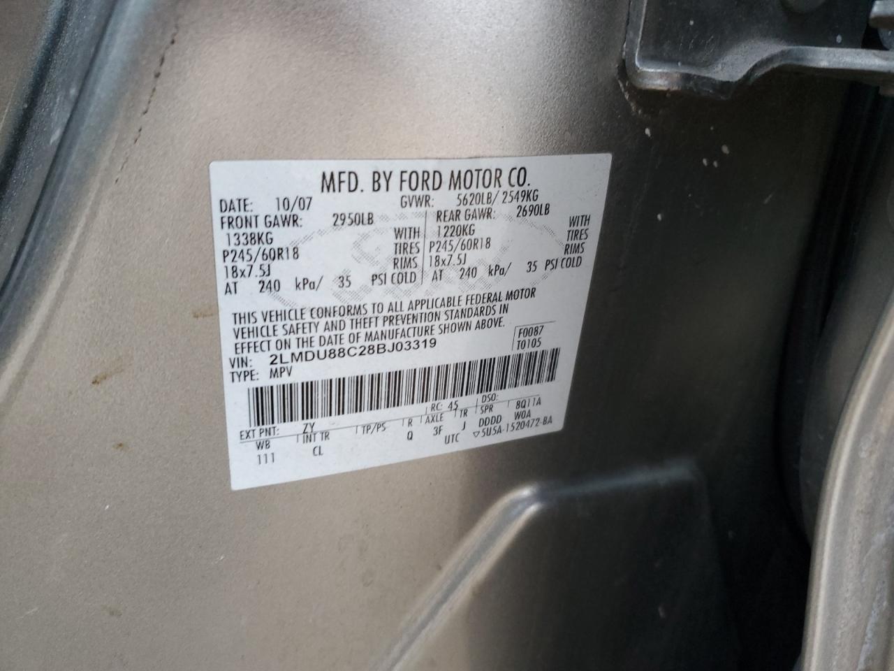 2008 Lincoln Mkx VIN: 2LMDU88C28BJ03319 Lot: 83156894