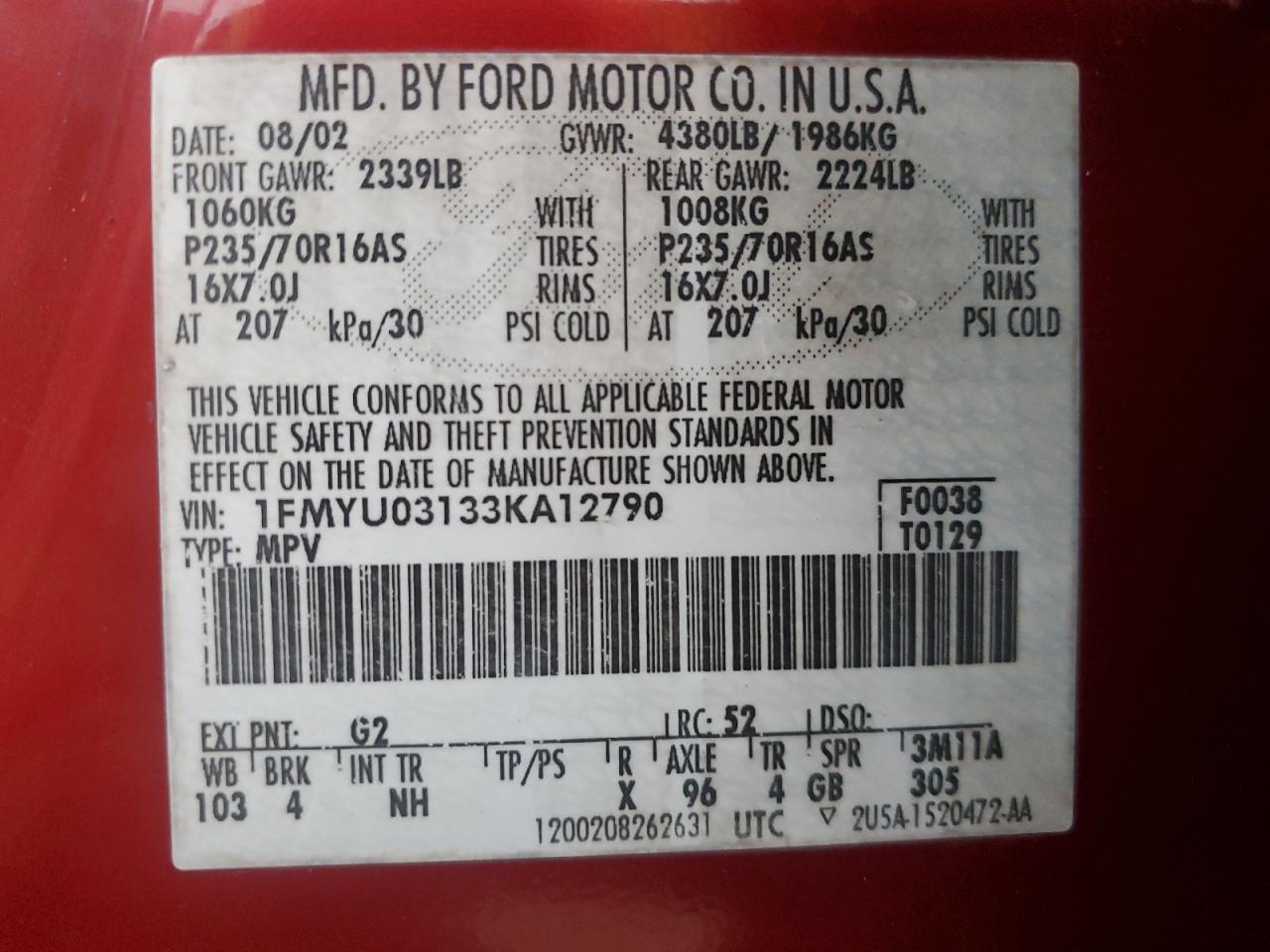 2003 Ford Escape Xlt VIN: 1FMYU03133KA12790 Lot: 83597524