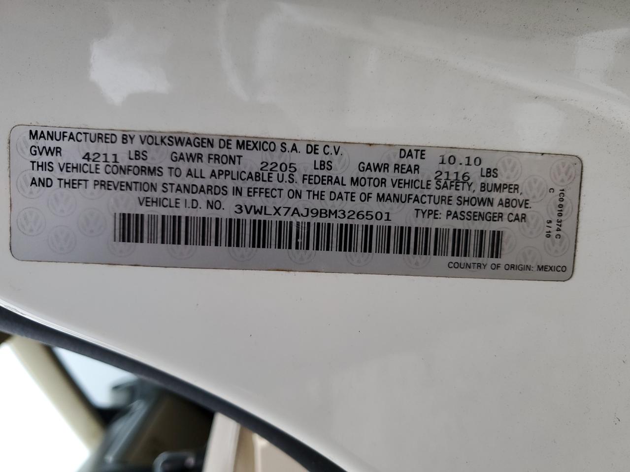 2011 Volkswagen Jetta Sel VIN: 3VWLX7AJ9BM326501 Lot: 86602624