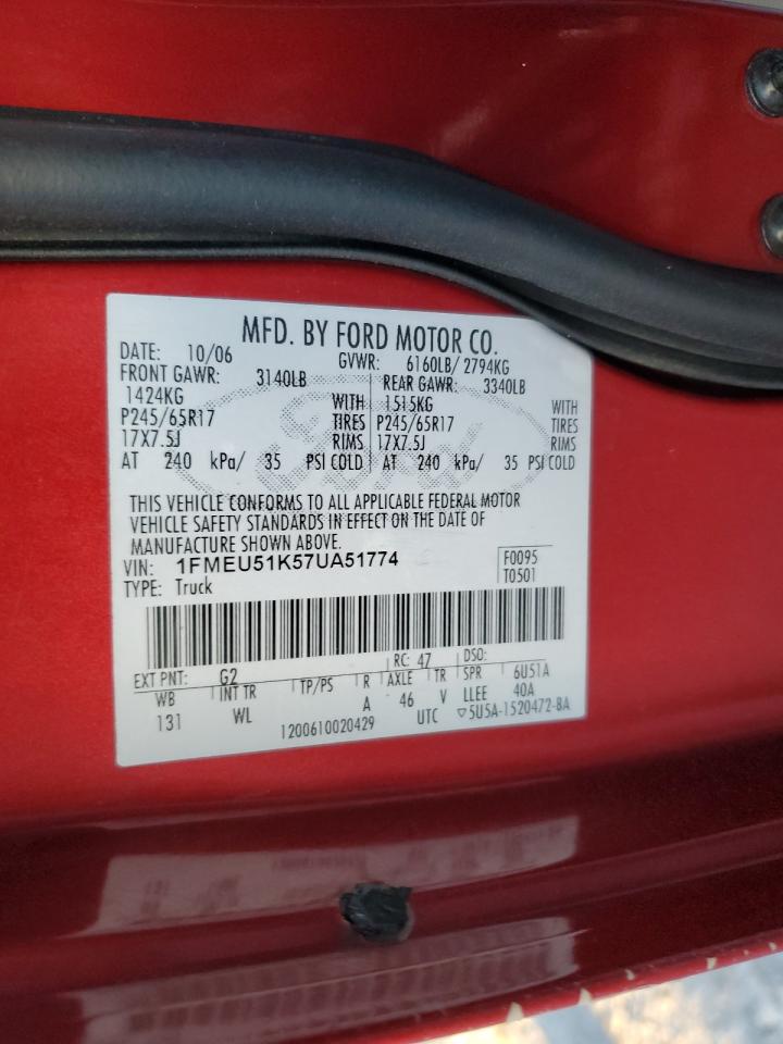 2007 Ford Explorer Sport Trac Xlt VIN: 1FMEU51K57UA51774 Lot: 83862874