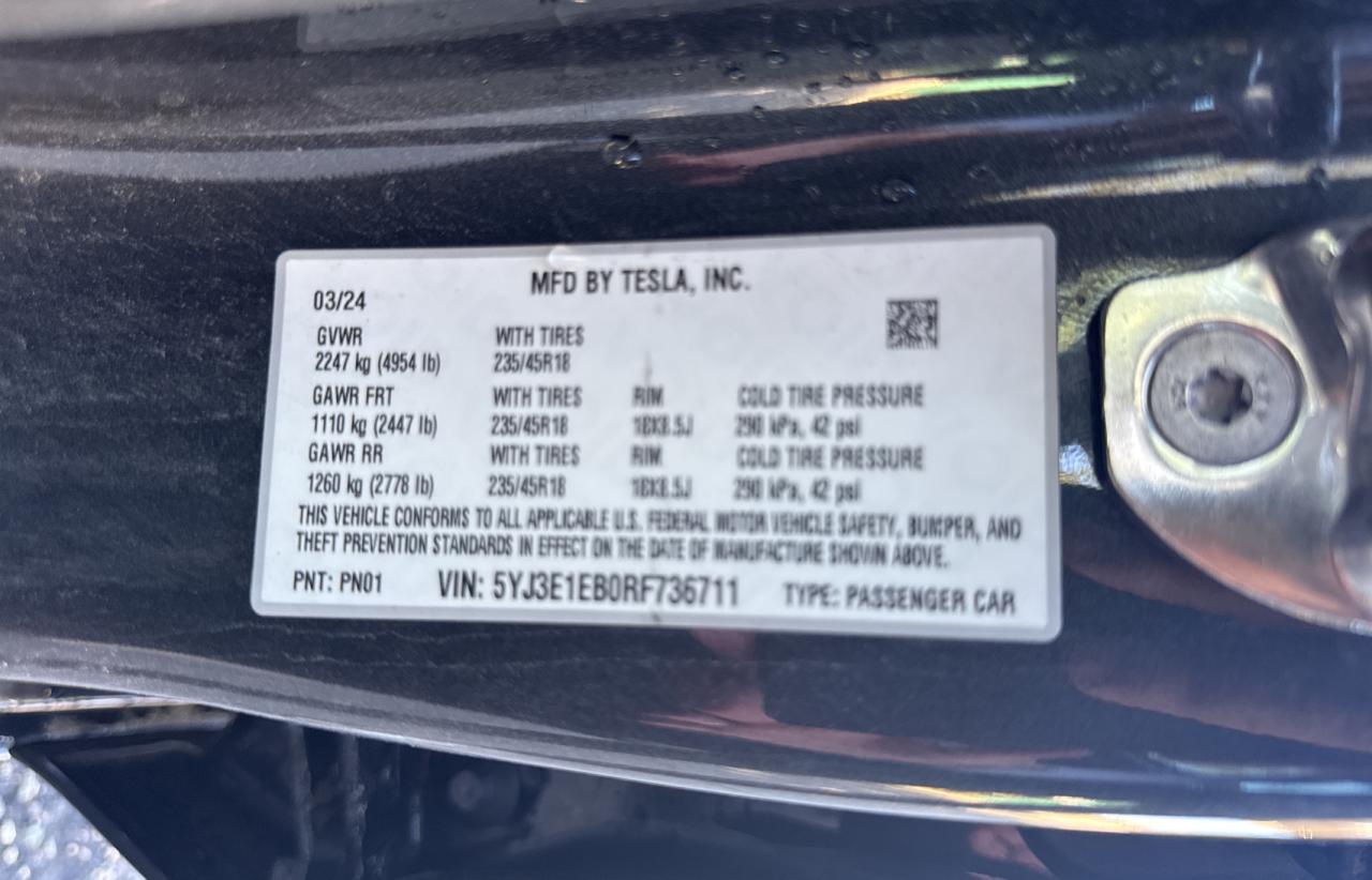 2024 Tesla Model 3 VIN: 5YJ3E1EB0RF736711 Lot: 83418514