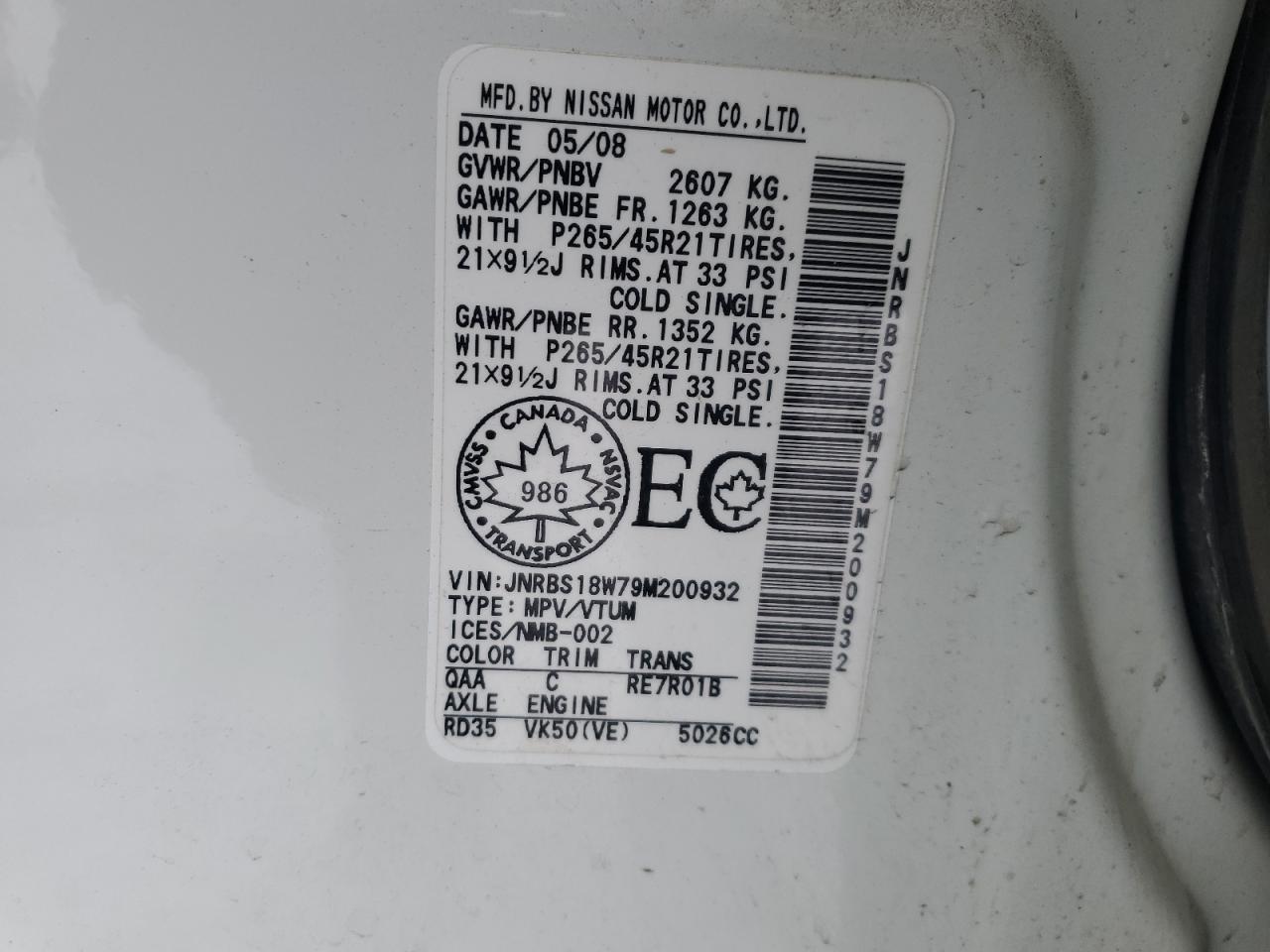 2009 Infiniti Fx50 VIN: JNRBS18W79M200932 Lot: 87029104