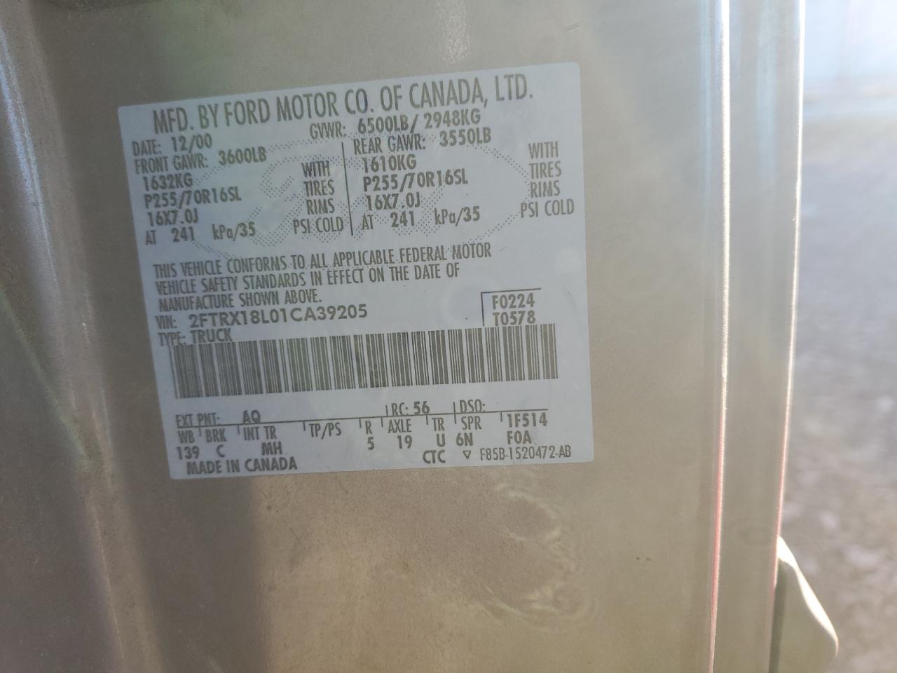 2001 Ford F150 VIN: 2FTRX18L01CA39205 Lot: 82822924