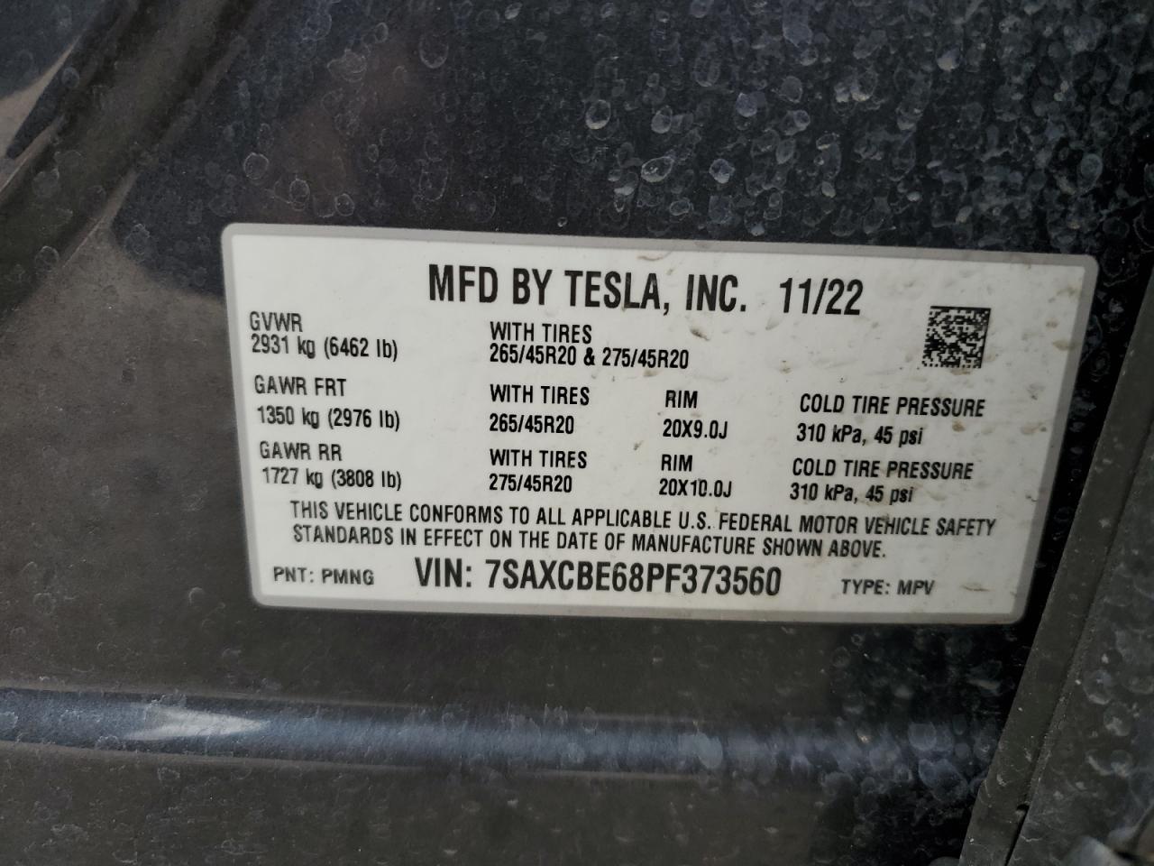 2023 Tesla Model X VIN: 7SAXCBE68PF373560 Lot: 83206924