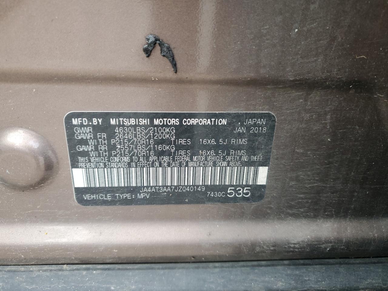 2018 Mitsubishi Eclipse Cross Es VIN: JA4AT3AA7JZ040149 Lot: 84834854