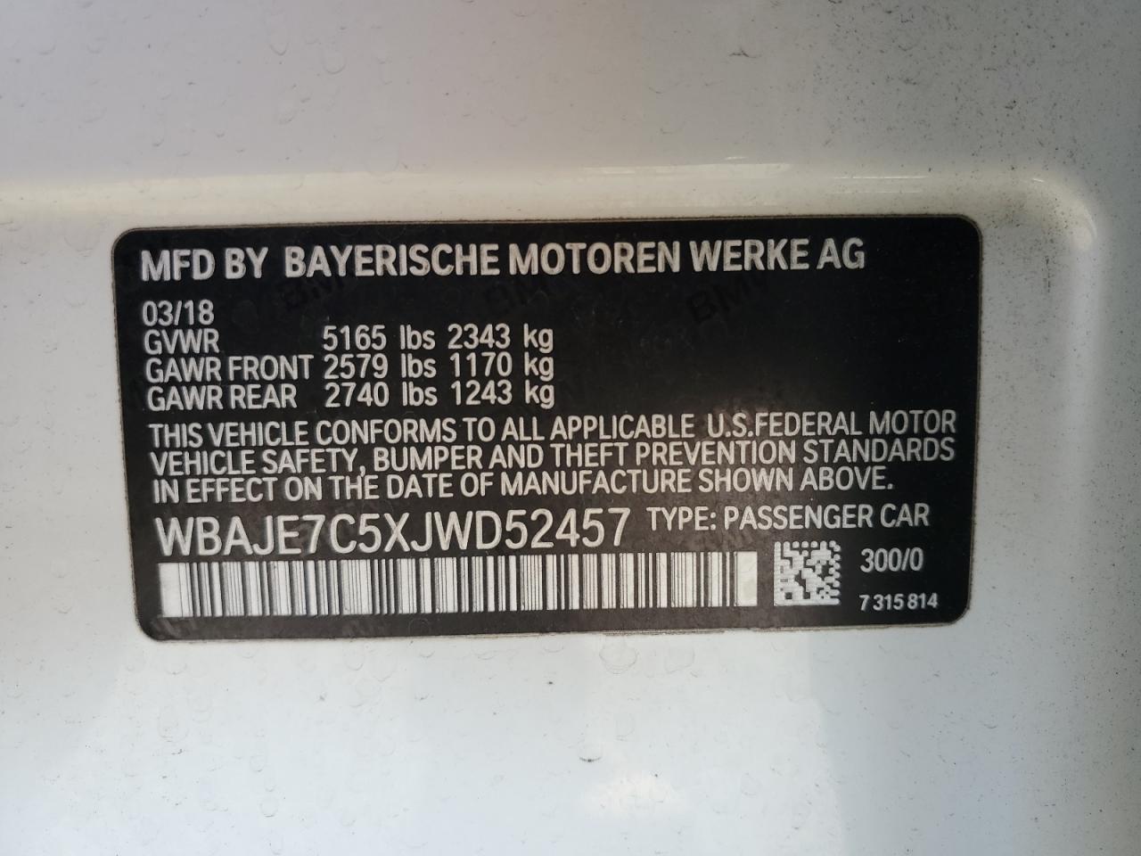 VIN WBAJE7C5XJWD52457 2018 BMW 5 SERIES no.12