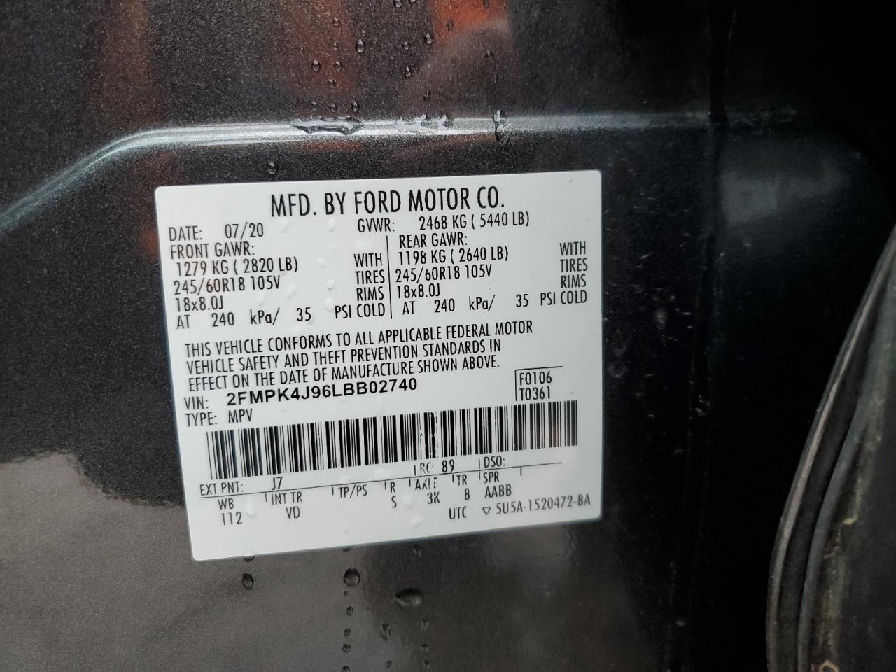 2020 Ford Edge Sel VIN: 2FMPK4J96LBB02740 Lot: 85954364