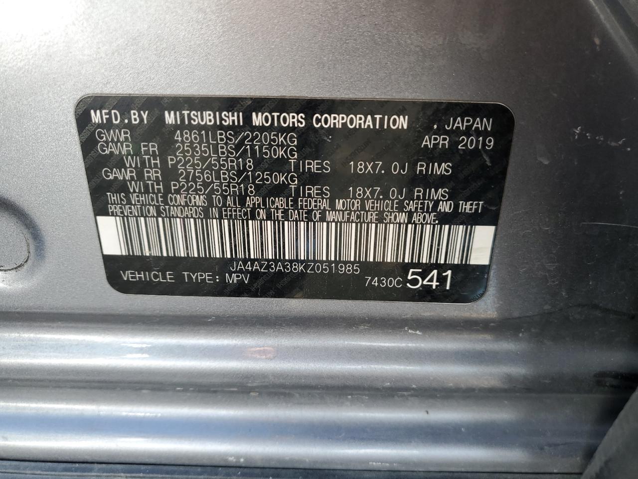 2019 Mitsubishi Outlander Se VIN: JA4AZ3A38KZ051985 Lot: 84617574