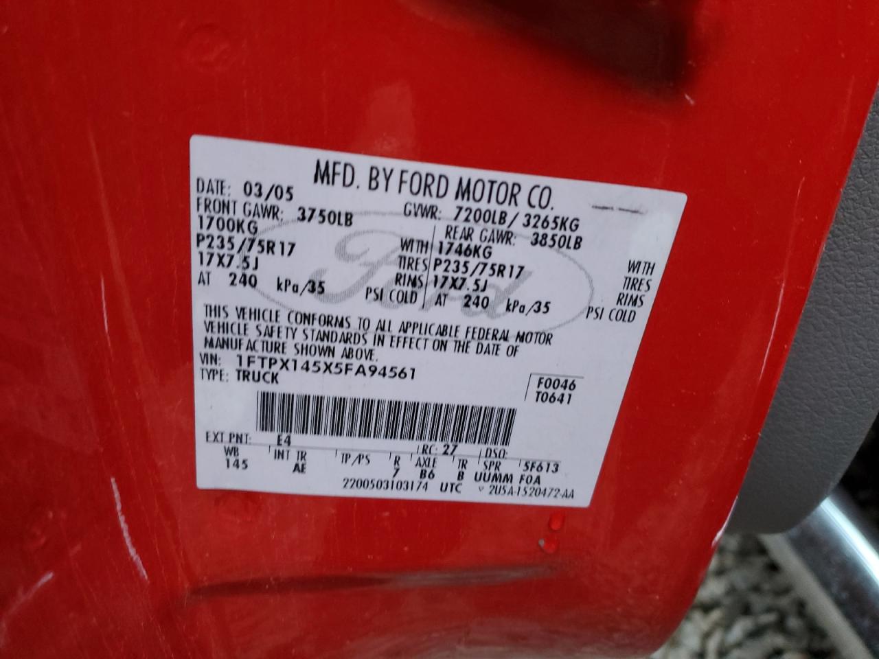 2005 Ford F150 VIN: 1FTPX145X5FA94561 Lot: 91428615