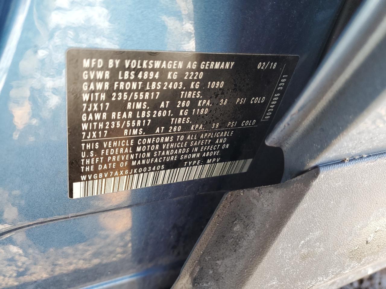 2018 Volkswagen Tiguan Limited VIN: WVGBV7AX6JK003405 Lot: 86518194