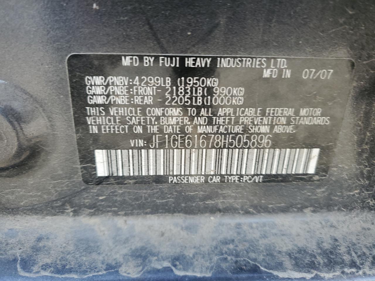 2008 Subaru Impreza 2.5I VIN: JF1GE61678H505896 Lot: 84945344