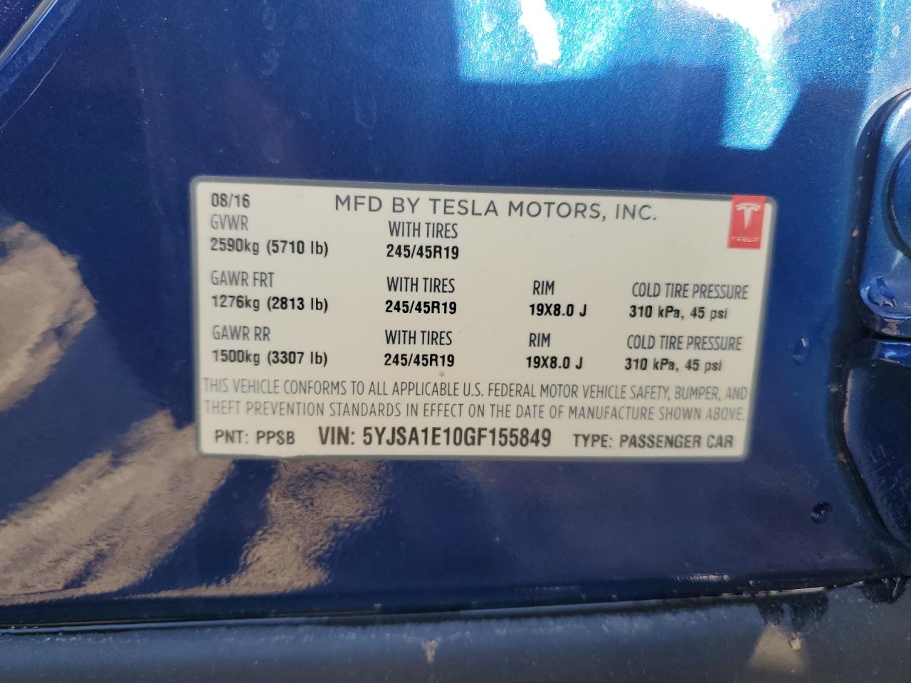 2016 Tesla Model S VIN: 5YJSA1E10GF155849 Lot: 85430764