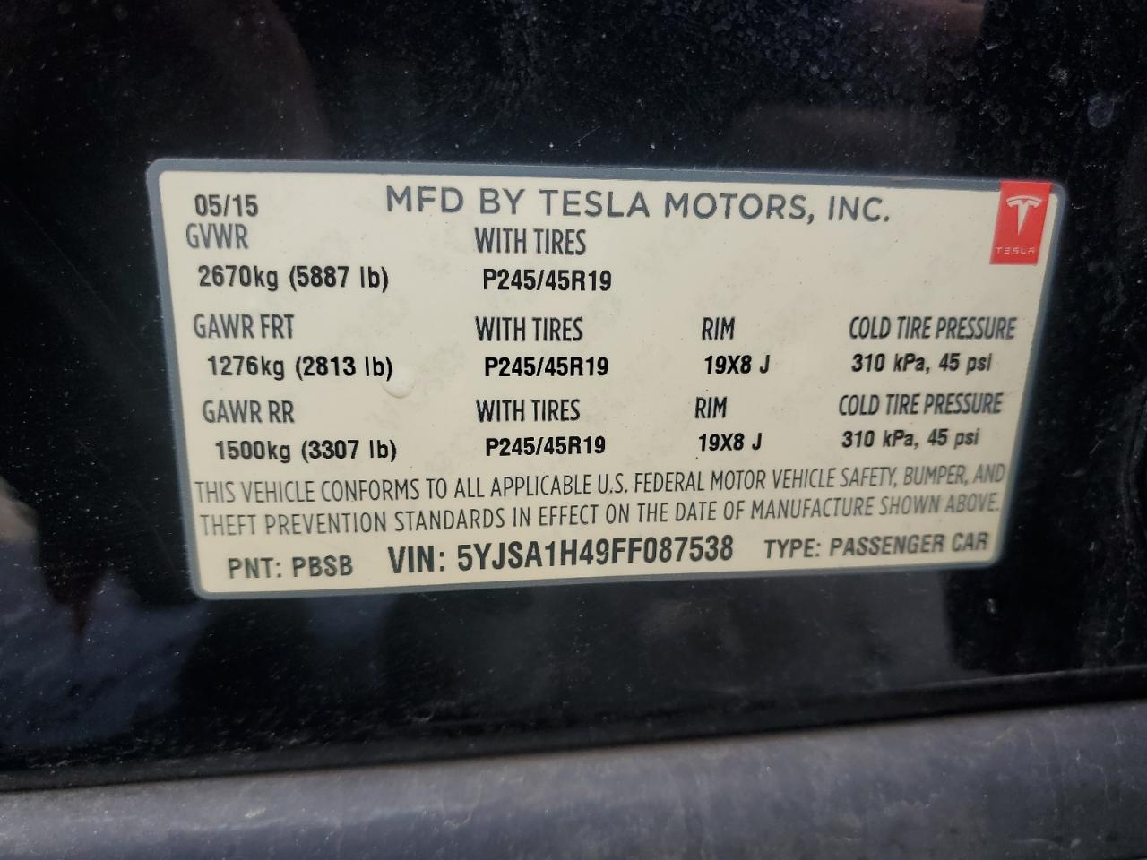 2015 Tesla Model S P85D VIN: 5YJSA1H49FF087538 Lot: 85415524