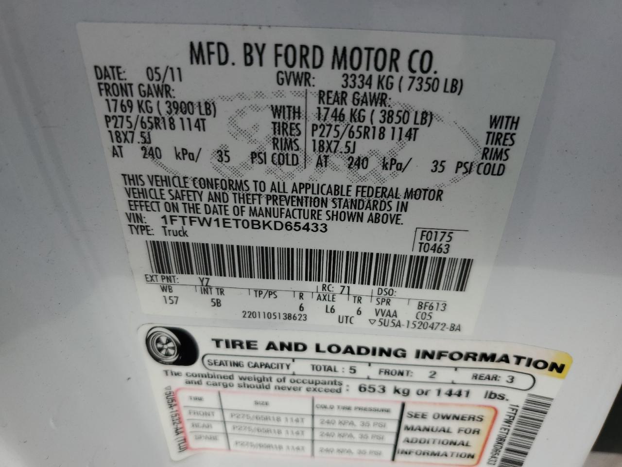 2011 Ford F150 Supercrew VIN: 1FTFW1ET0BKD65433 Lot: 86159394