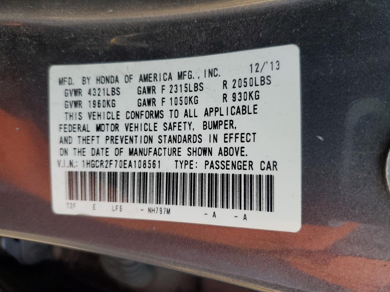 VIN 1HGCR2F70EA108561 2014 HONDA ACCORD no.12