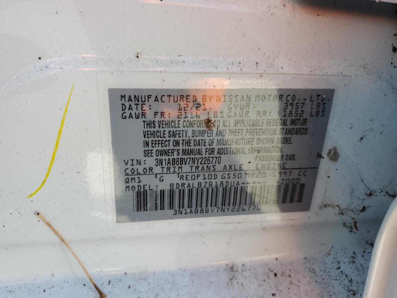 2022 Nissan Sentra S VIN: 3N1AB8BV7NY226770 Lot: 57163785