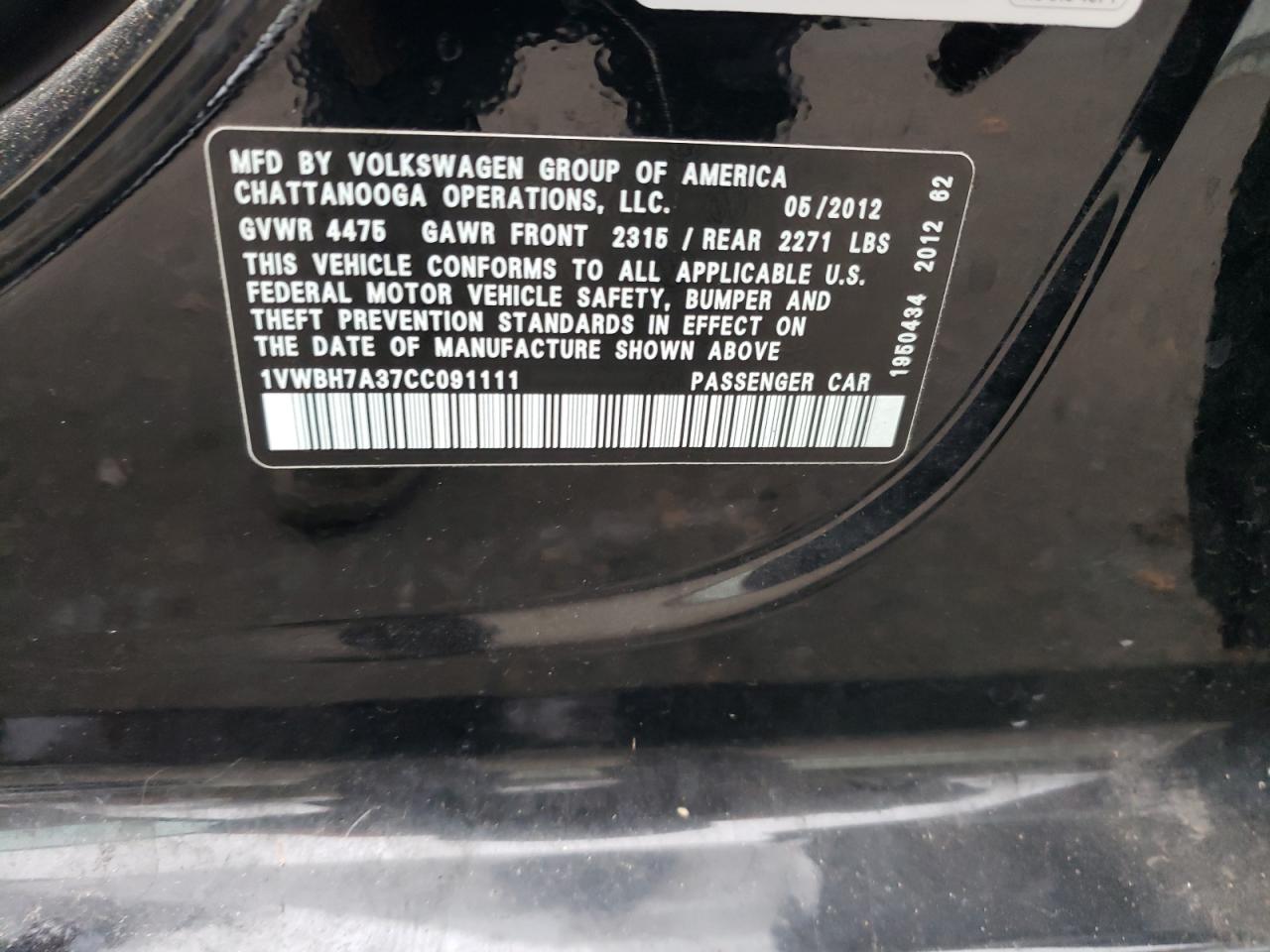 2012 Volkswagen Passat Se VIN: 1VWBH7A37CC091111 Lot: 85051544