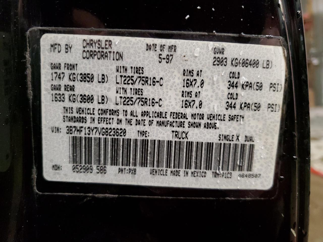 1997 Dodge Ram 1500 VIN: 3B7HF13Y7VG823620 Lot: 84500974