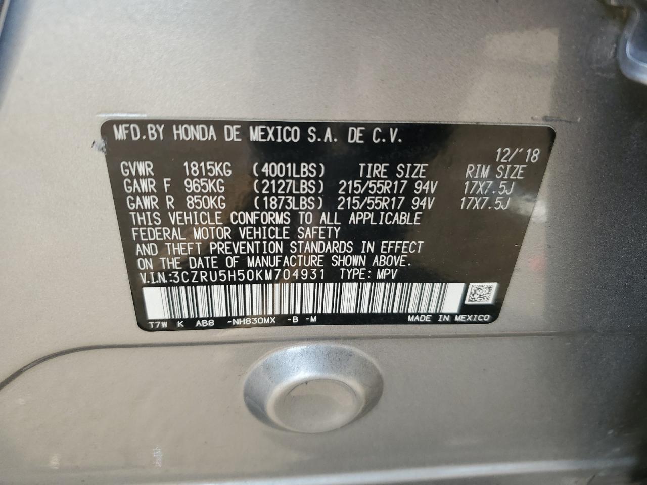 VIN 3CZRU5H50KM704931 2019 HONDA HR-V no.13