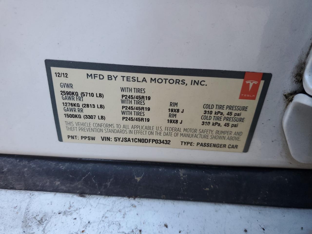 2013 Tesla Model S VIN: 5YJSA1CN0DFP03432 Lot: 84726894