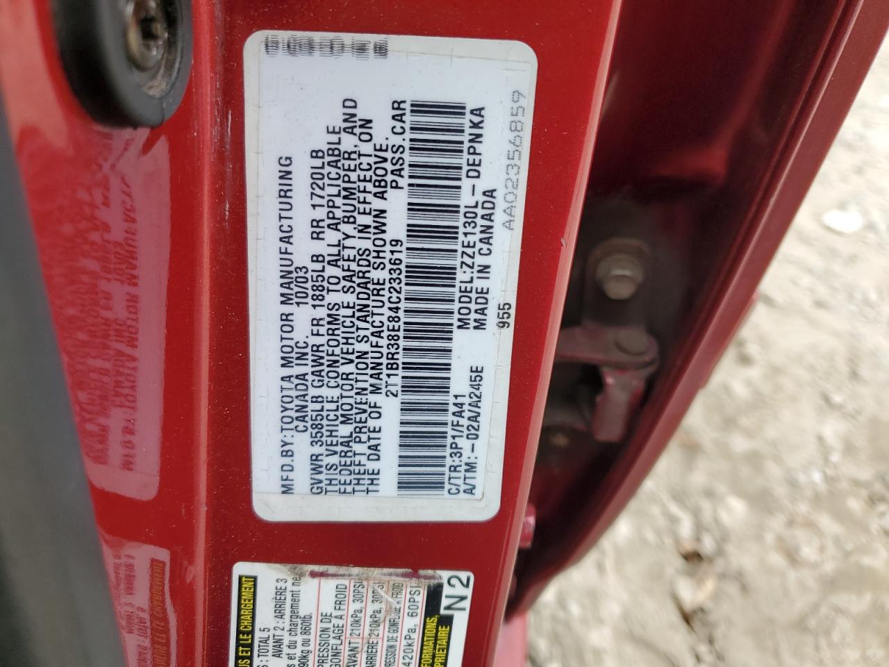 2004 Toyota Corolla Ce VIN: 2T1BR38E84C233619 Lot: 86296204