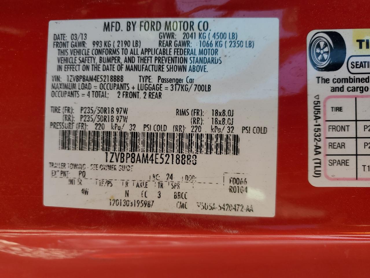 VIN 1ZVBP8AM4E5218888 2014 FORD ALL Models no.12