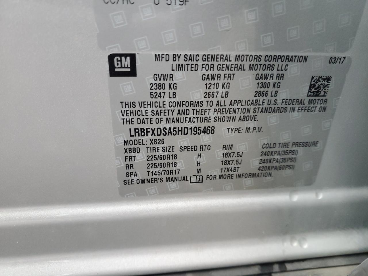 VIN LRBFXDSA5HD195468 2017 BUICK ENVISION no.13